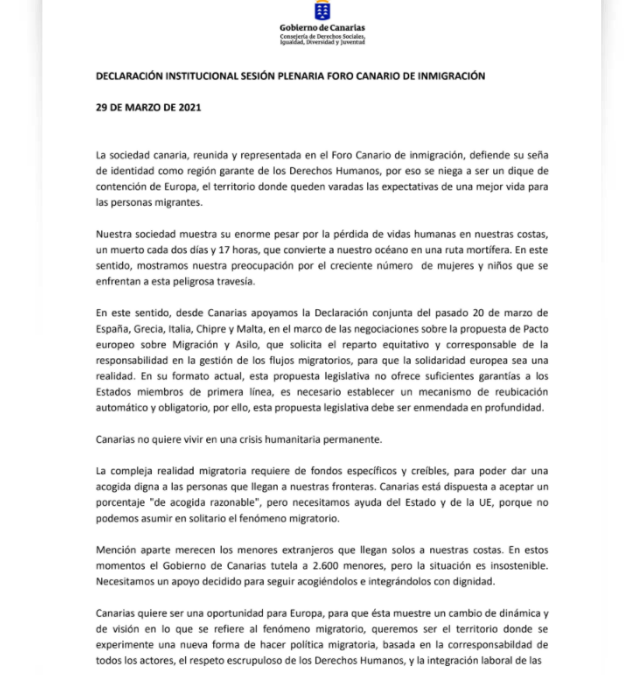 Declaración Institucional Sesión Plenaria Foro Canario de Inmigración