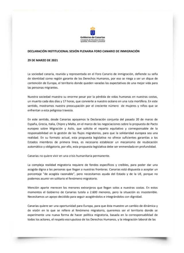 Declaración Institucional Sesión Plenaria Foro Canario de Inmigración